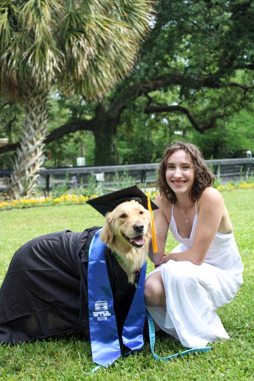 A woman in a white dress kneels next to her dog, who wears a graduation cap, gown, and blue stole, celebrating together.